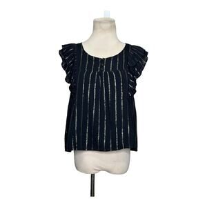 BB Dakota black silver stripes ruffled short sleeves blouse size Small
